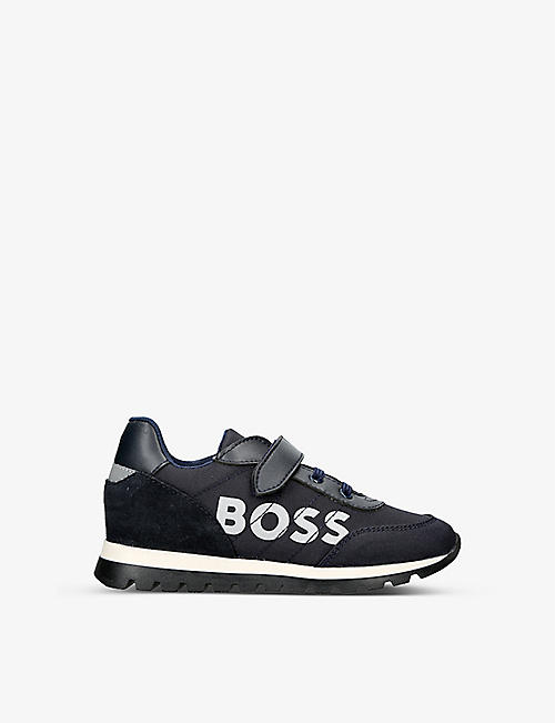 BOSS: Logo-print leather-trimmed woven low-top trainers 6-12 months