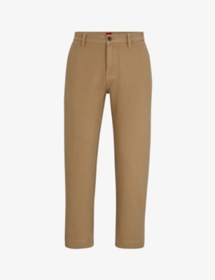 Hugo Mens Open Brown Logo-patch Slim-fit Tapered-leg Cotton Trousers