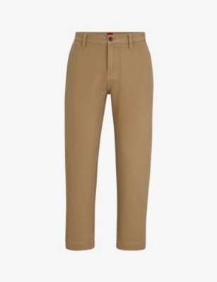 Hugo Boss Hugo Mens Open Brown Logo-patch Slim-fit Tapered-leg Cotton Trousers