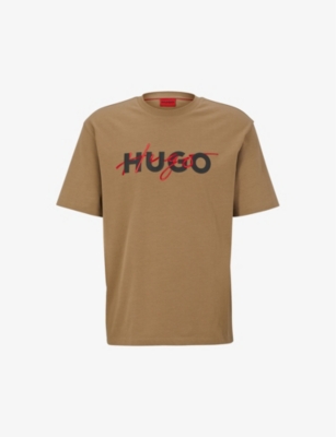 Hugo Mens Open Brown Double Logo-print Cotton-jersey T-shirt