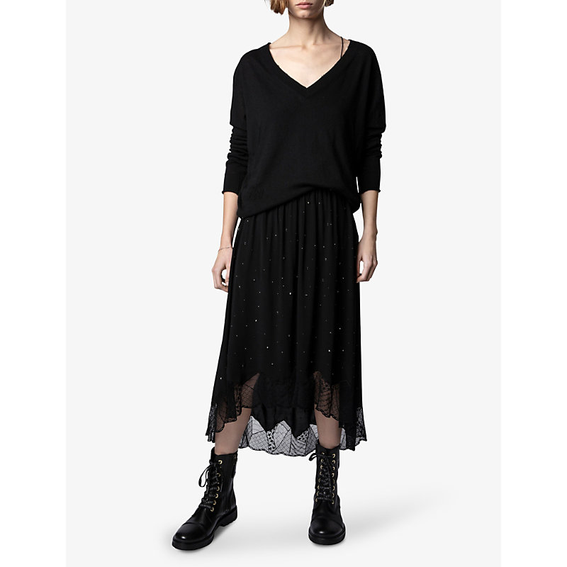 Shop Zadig & Voltaire Zadig&voltaire Womens Noir Joslin Crystal-embellished Woven Midi Skirt