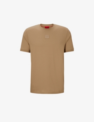Hugo Logo-badge Regular-fit Cotton-jersey T-shirt In Open Brown