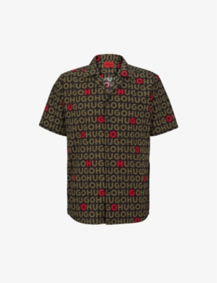 Hugo Mens Open Green Logo-print Relaxed-fit Cotton Shirt