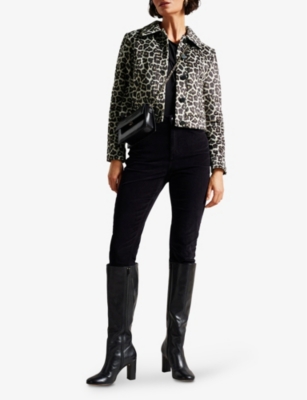 Shop Ted Baker Pelham Leopard-print Cropped Woven Jacket In Black