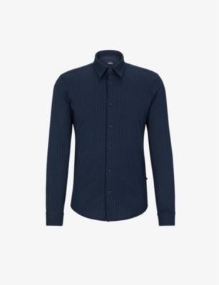 Hugo Boss Boss Mens Open Blue Motif-print Kent-collar Slim-fit Cotton-blend Shirt