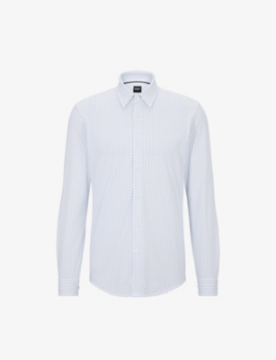 Shop Hugo Boss Boss Men's White Motif-print Kent-collar Slim-fit Cotton-blend Shirt