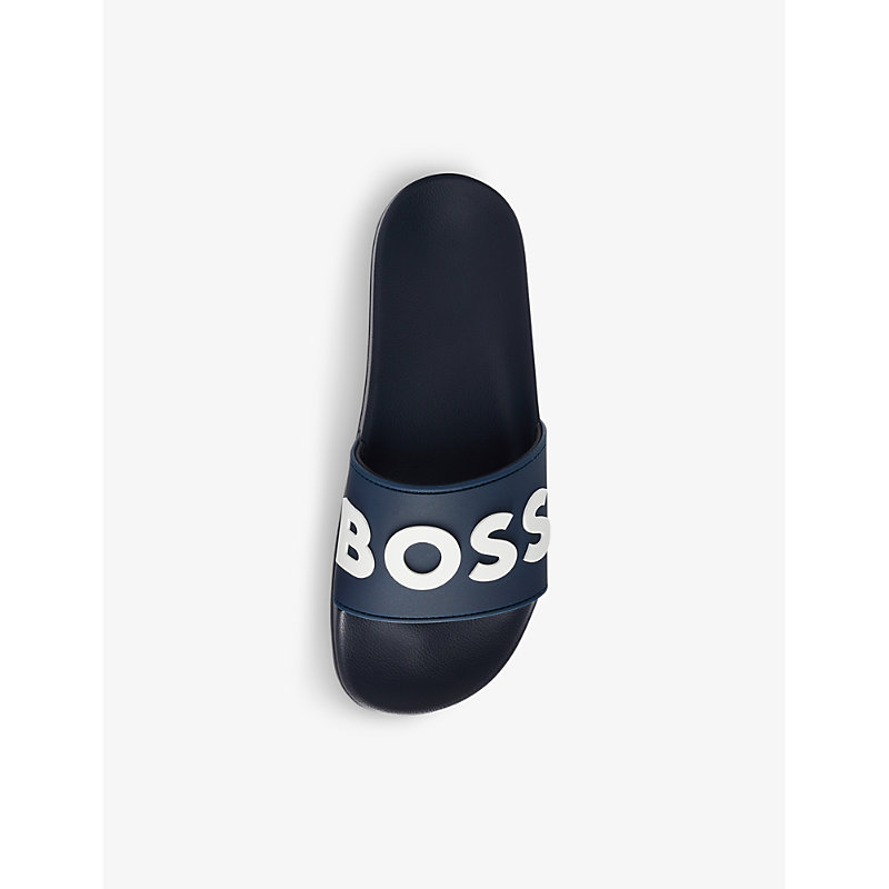 Shop Hugo Boss Logo-print Rubber Sliders In Dark Blue