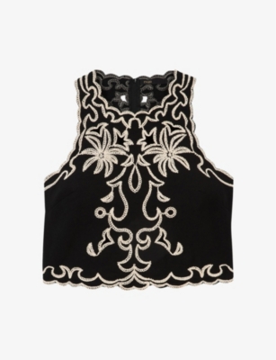 MAJE MAJE WOMENS NOIR / GRIS MACRAMÉ-EMBROIDERED COTTON TOP,64332575