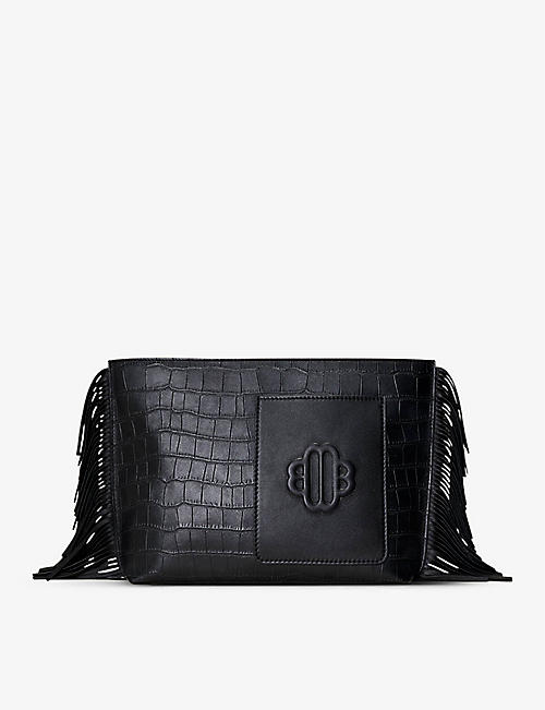 MAJE: Fringe-embellished crocodile-embossed leather clutch bag