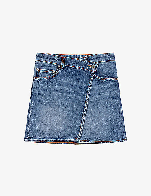 MAJE: Japine crossover-waist denim mini skirt