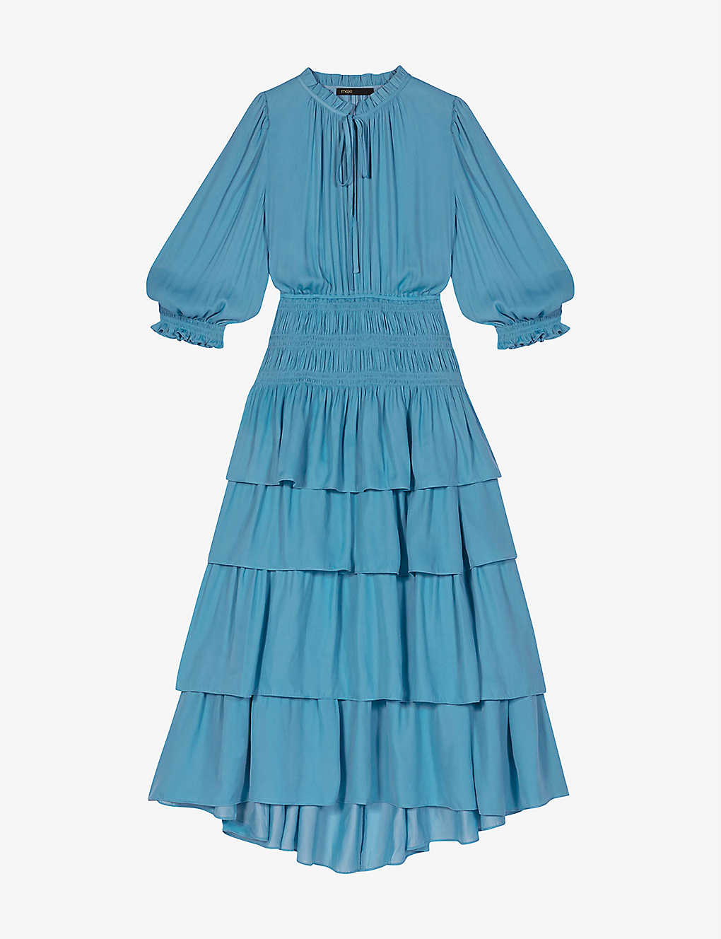 Shop Maje Women's Bleus Radjinette Tied-neck Tiered Satin Midi Dress In Blue