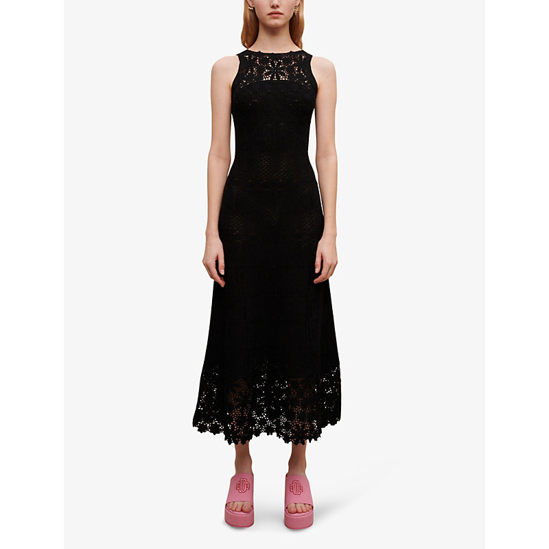 Shop Maje Womens Noir / Gris High-neck Crochet-trim Woven Midi Dress