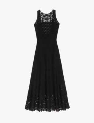 Shop Maje Women's Noir / Gris High-neck Crochet-trim Woven Midi Dress