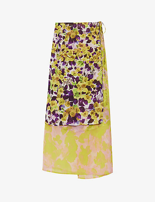 DRIES VAN NOTEN: Floral-print draped-panel crepe maxi skirt