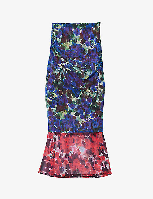 DRIES VAN NOTEN: Floral-print high-rise stretch-mesh midi skirt