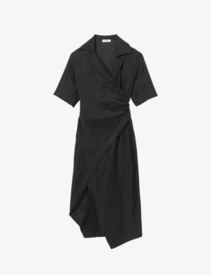 Sandro Women's Noir / Gris Clarance Draped Asymmetric Woven Midi Dress |  ModeSens