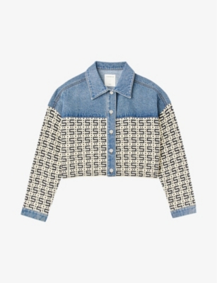 SANDRO: Panelled monogram-jacquard denim and cotton-blend jacket