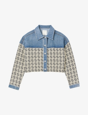 SANDRO Panelled monogram jacquard denim and cotton blend jacket