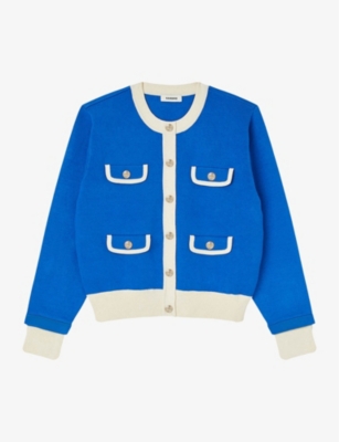 Sandro Contrast-trim Buttoned Cardigan In Bleus
