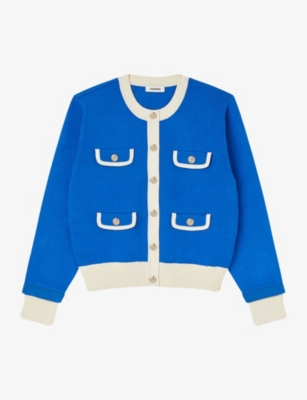 SANDRO SANDRO WOMEN'S BLEUS CONTRAST-TRIM KNITTED CARDIGAN