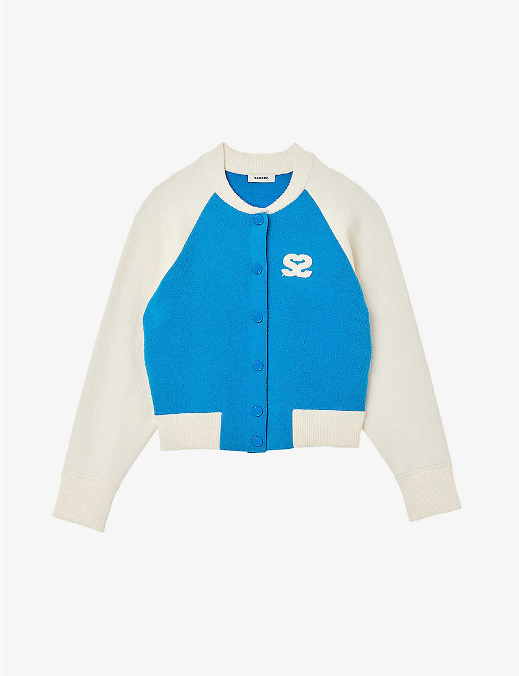 Sandro Womens Bleus Bolzano Logo-patch Colour-blocked Knitted Varsity Cardigan