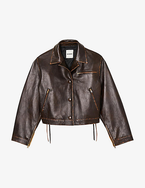 SANDRO: Jude faded-effect lace-up leather jacket