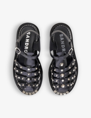 Shop Sandro Womens Noir / Gris Olys Studded Leather Sandals