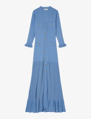 Shop Sandro Womens Bleus Button-up Stretch-knit Midi Dress