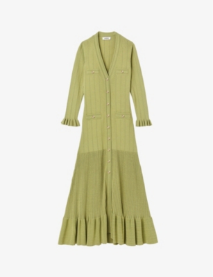 Sandro Womens Verts Button-up Stretch-knit Midi Dress
