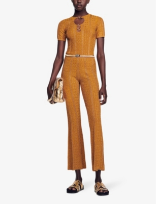 Shop Sandro Women's Jaunes / Oranges Flared-leg High-rise Metallic Stretch-knit Trousers