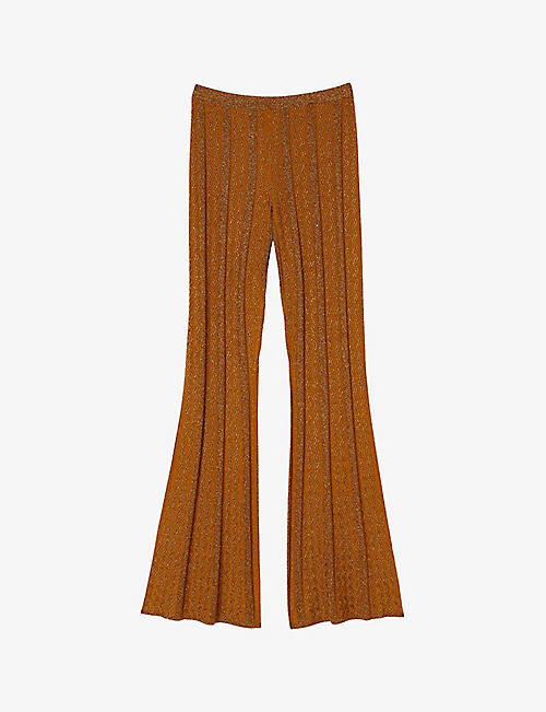 SANDRO: Flared-leg high-rise metallic stretch-knit trousers