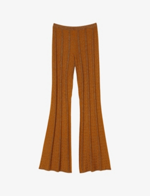 Sandro Womens Jaunes / Oranges Flared-leg High-rise Metallic Stretch-knit Trousers