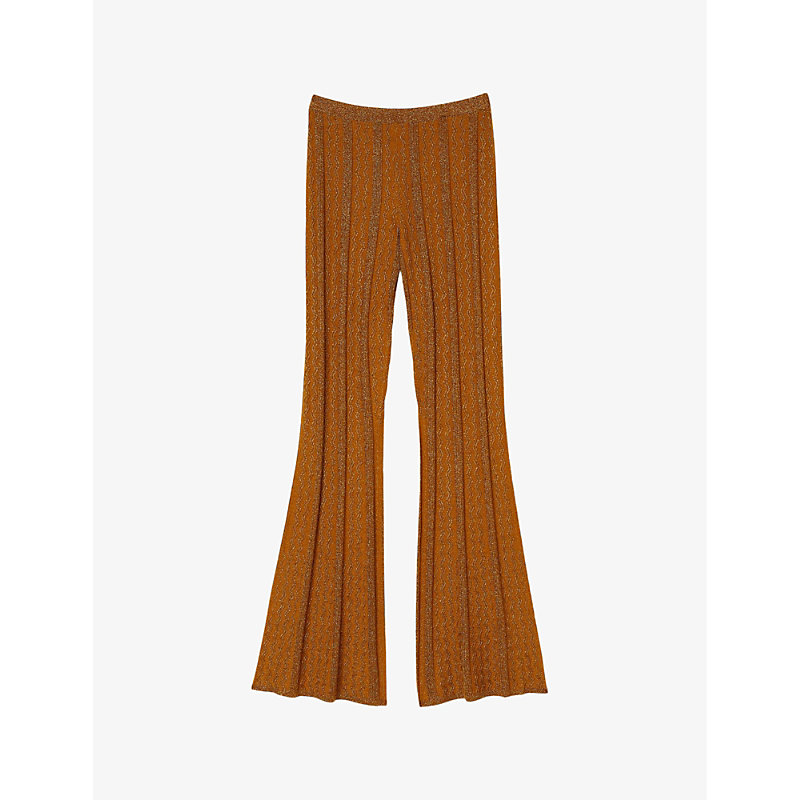 Sandro Women's Jaunes / Oranges Flared-leg High-rise Metallic Stretch-knit Trousers