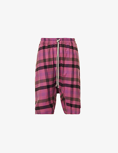 RICK OWENS: Plaid-patterned dropped-crotch cotton shorts