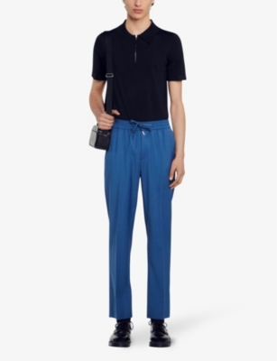 Sandro Mens Bleus Drawstring-waist Straight-leg Wool-blend Trousers In Bleus