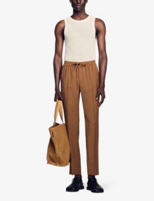 Shop Sandro Men's Naturels Drawstring-waist Straight-leg Wool-blend Trousers