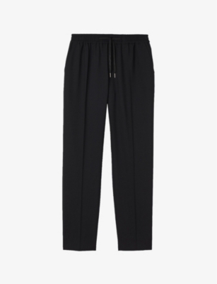 Shop Sandro Men's Noir / Gris Drawstring-waist Straight-leg Wool-blend Trousers
