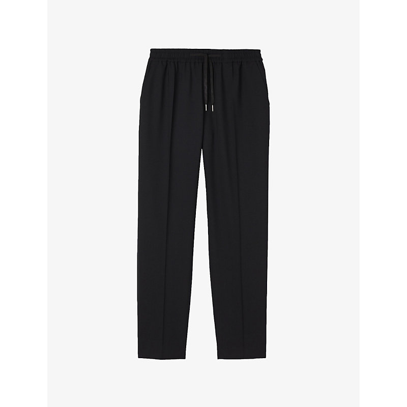 Shop Sandro Men's Noir / Gris Drawstring-waist Straight-leg Wool-blend Trousers
