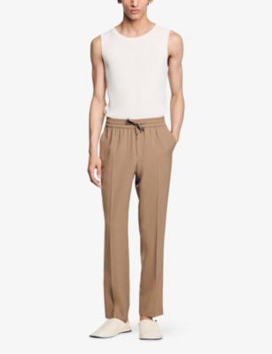 Sandro Mens Tobacco Brown Drawstring-waist Straight-leg Wool-blend Trousers In Brown