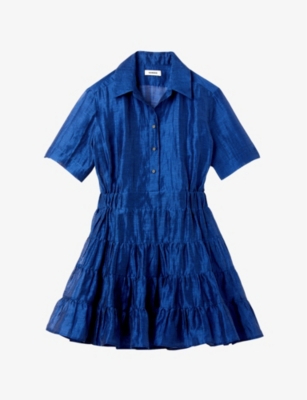 Sandro Womens Bleus Tiered-panel Linen-blend Mini Dress
