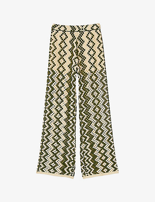 SANDRO: Geometric-print straight-leg mid-rise cotton-blend trousers