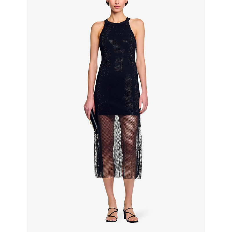 Shop Sandro Women's Noir / Gris Sleeveless Stretch-mesh Midi Dress