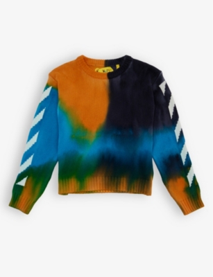 Off-white Boy's Arrow Logo & Stripes Intarsia Sweater In Melon White