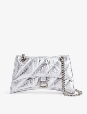 Balenciaga Hourglass Quilted Metallic Crinkled-leather Shoulder Bag In Silver