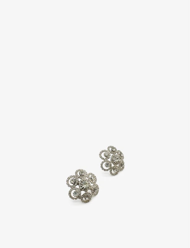 Pre-loved silver-tone metal and crystal-embellished floral stud earrings