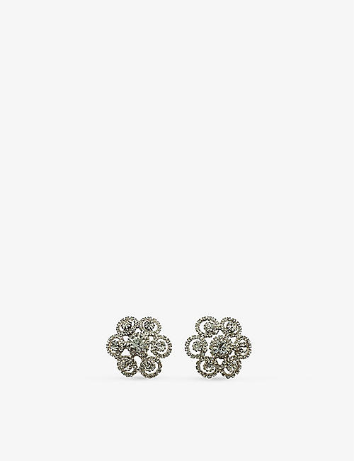 JENNIFER GIBSON JEWELLERY: Pre-loved silver-tone metal and crystal-embellished floral stud earrings