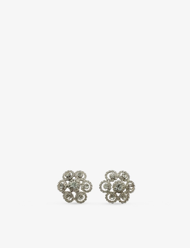 Pre-loved silver-tone metal and crystal-embellished floral stud earrings