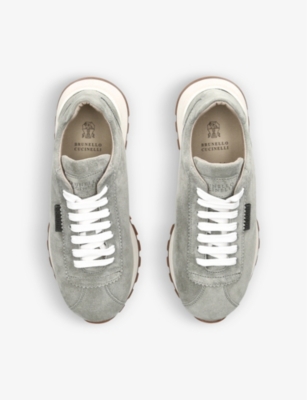 BRUNELLO CUCINELLI Brand-embossed contrast-sole suede low-top trainers