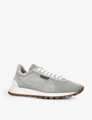 BRUNELLO CUCINELLI Brand-embossed contrast-sole suede low-top trainers