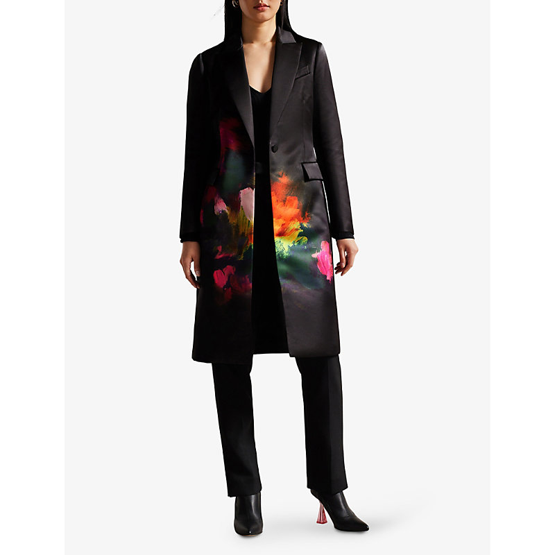 Shop Ted Baker Anastay Abstract-print Single-breasted Satin Coat In Black